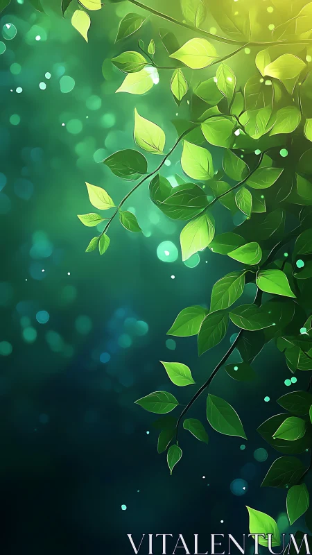 Luminous green vine leaves over deep teal bokeh glow.