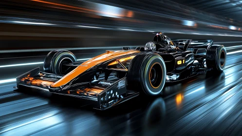 Formula race car in motion on illuminated tunnel track.