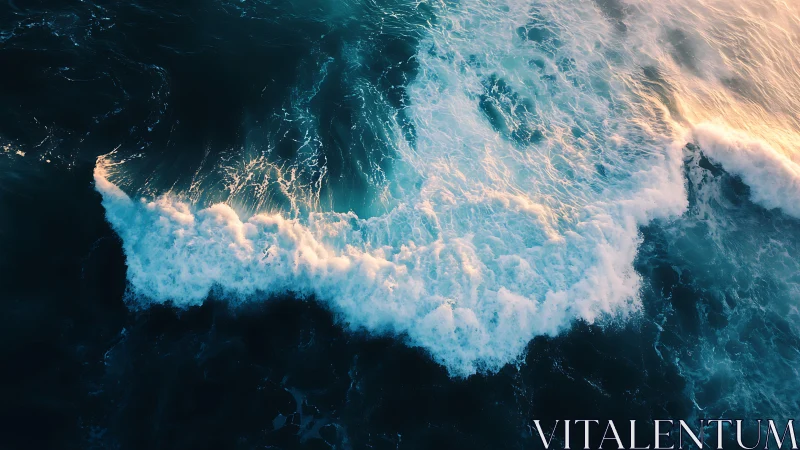 Aerial view of ocean waves with deep blue and white foam