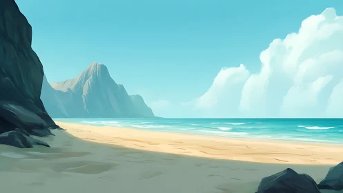 Coastal Beach with Towering Rock Formations.