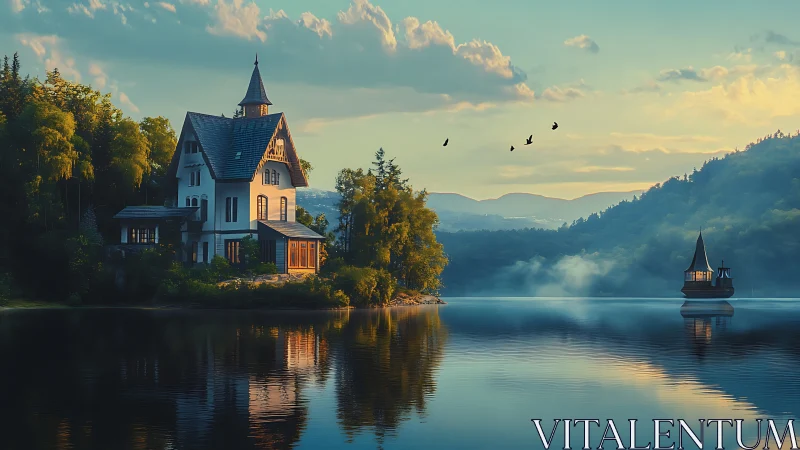 Lakeside house with boat and forested hills at dusk.