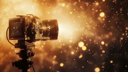 Studio camera silhouette against glowing bokeh light field.