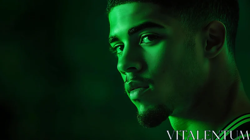 Emerald glow on a watchful face in cinematic shadowed calm.