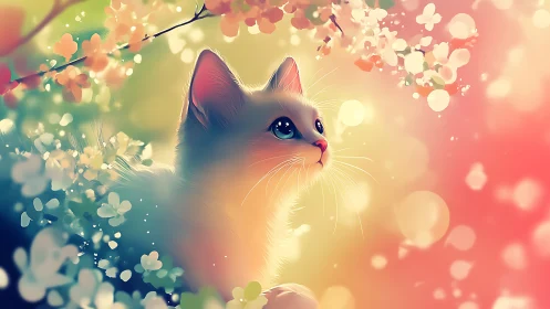 Luminous Cat Surrounded by Blooming Flowers.