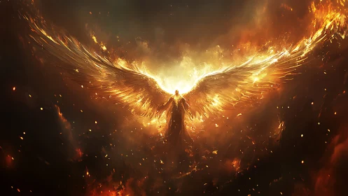 Winged humanoid figure in fiery atmospheric environment.