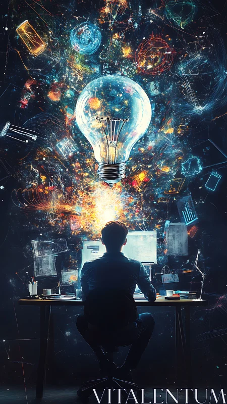 Backlit creator at workstation visualizing data-driven ideation burst