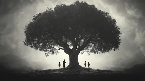Children of the stormlit tree gather beneath a silent sky.