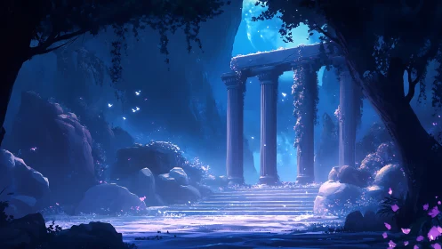 Moonlit ivy temple ruins within ethereal blue forest glade.