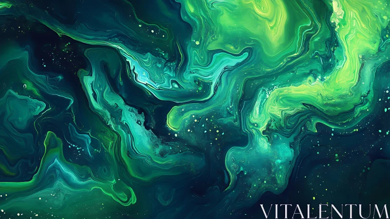 Digital painting of neon green and teal fluid vortex forms.