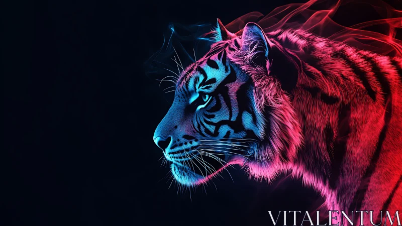 Neon bicolor tiger profile in glowing cyber jungle haze.