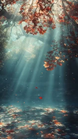 Sunbeams weave through drifting crimson leaves in hush