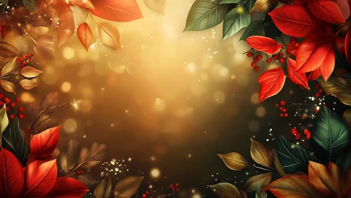 Autumn leaves frame warm golden bokeh light background