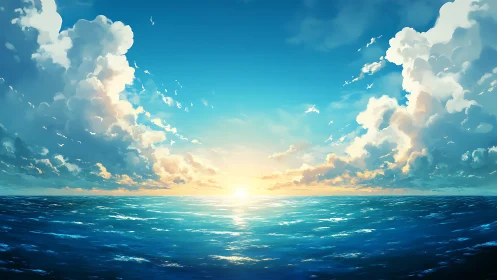 Digital seascape panorama with luminous horizon clouds.