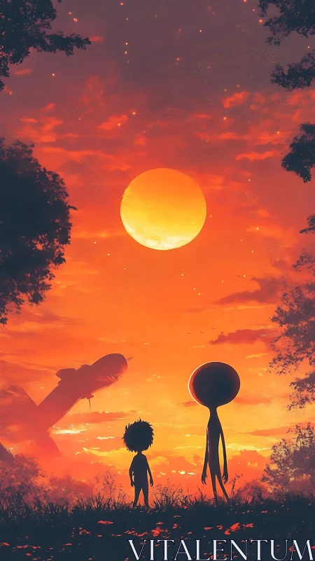 Digital painting of alien encounter at fiery sunset horizon.