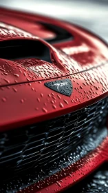 Red sports car grille with rain-soaked hood close-up.