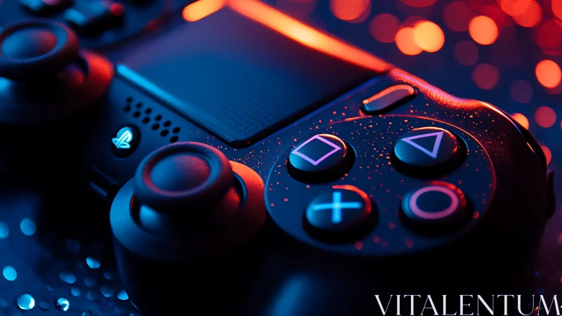Neon-lit PlayStation controller glows amid bokeh lights.