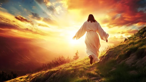 Sunlit robed figure walking hillside toward radiant horizon.