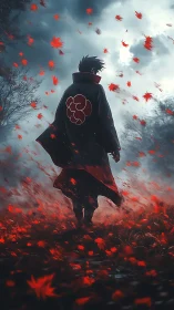 Solitary cloaked figure walks through red leaves in storm