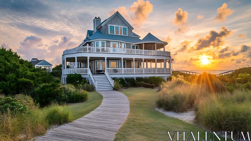 Sunlit coastal beach house overlooks a glowing sunset seascape.