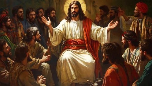 Iconic teacher encircled by disciples under radiant haloed light.