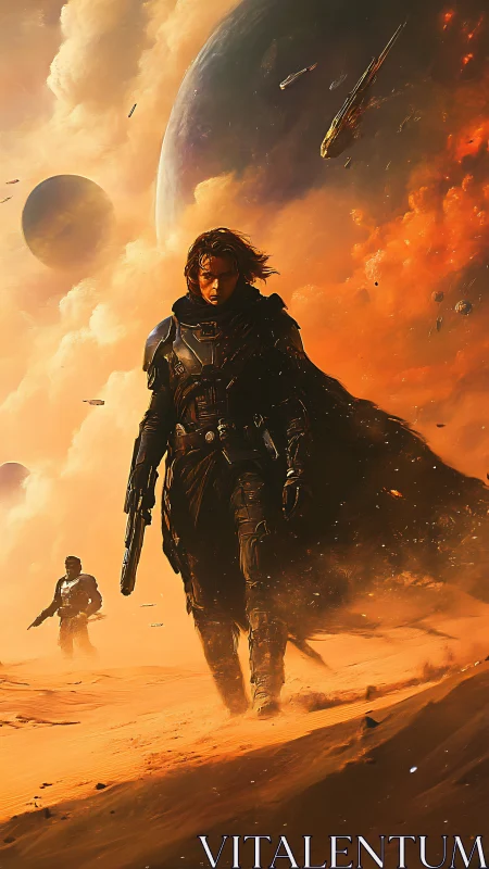 Starlit desert warrior strides beneath colliding orange skies.