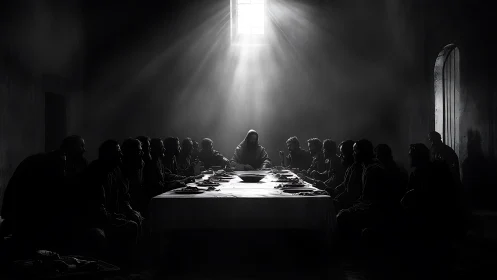 High-contrast monochrome last supper tableau with volumetric light