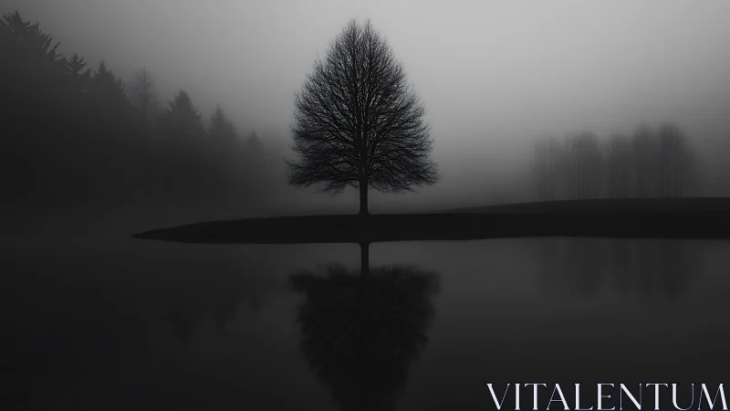 Leafless tree on foggy lakeshore with mirrored reflection.