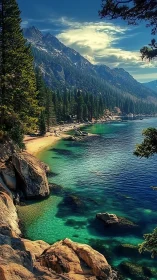 Rocky alpine lake shore with clear turquoise water view.