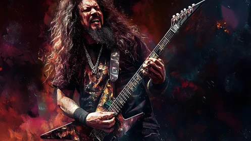 Electric guitarist roars onstage amid blazing abstract lights