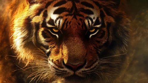 Intense tiger gaze emerges through glowing golden light.