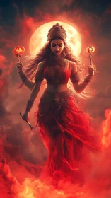 Fiery warrior goddess rising before blood moon halo.