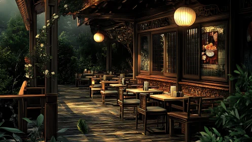 Outdoor wooden dining terrace shows ordered tables and lanterns