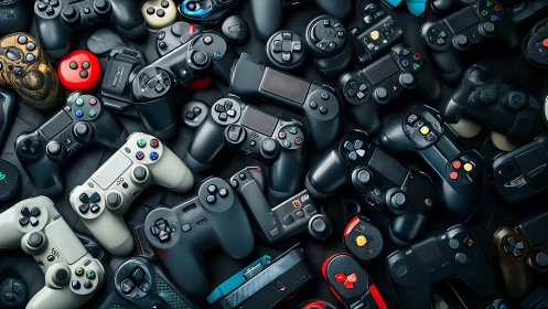 Top-down array of mixed game controllers shows ergonomic evolution