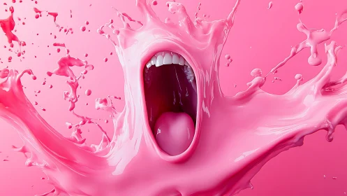 Surreal pink scream sculpted from liquid splash paint.