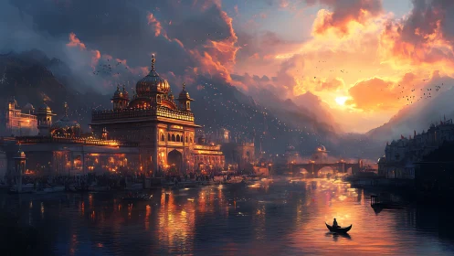 Ember domes over river dusk in a pilgrim-lit mountain city.