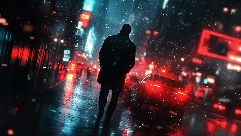 Solitary figure on wet neon city street during rainfall.