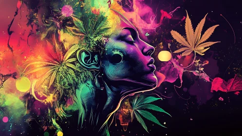 Psychedelic female profile with cannabis leaves and color.