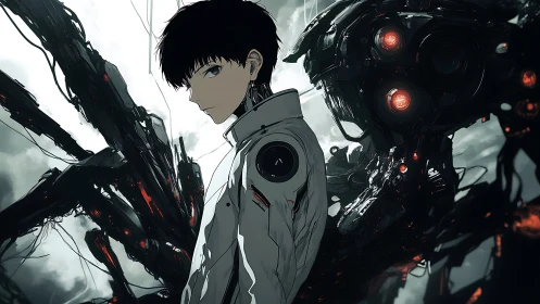 Cybernetic youth aligned with predatory mech interface systems.