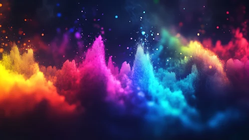 Prismatic color clouds erupt across a dark digital void.