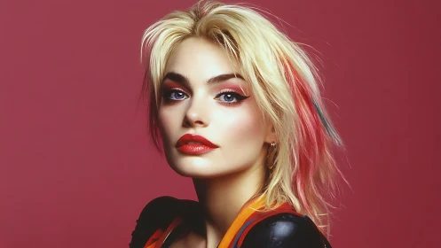 Blonde woman with bold makeup on red studio background