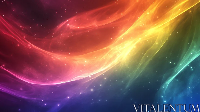 Multicolored nebula-like light waves on starry backdrop.