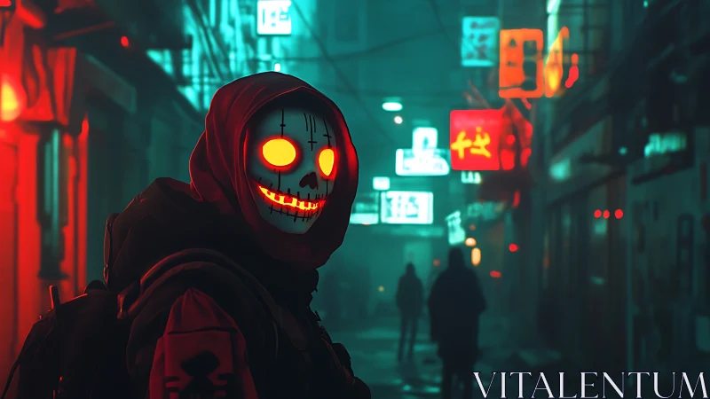 Neon-skulled figure in cyberpunk alley under red teal glow.
