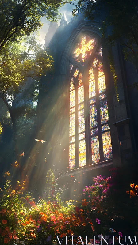 Sanctuary garden aglow beneath radiant stained glass light.