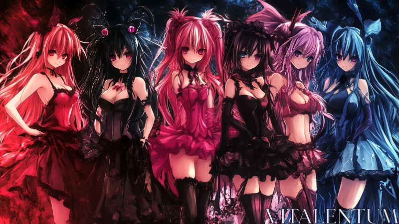 Gothic anime girls aligned in red and blue spectral contrast.