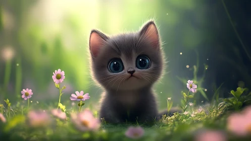 Digitally Rendered Juvenile Feline with Exaggerated Ocular Features in Bokeh-Rich Environment