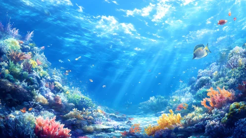 Coral reef scene shows sunlit seafloor and scattered tropical fish