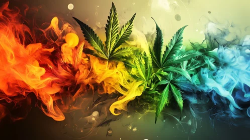 Cannabis leaves intersect colored smoke gradients horizontally