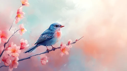 Blue bird perched on flowering branch amid soft atmospheric gradients.