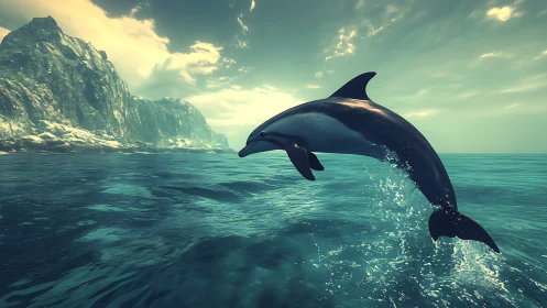 Dolphin leaping from teal ocean near rocky coastline.
