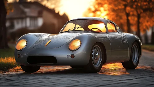 Vintage silver sports coupe under golden sunset glow.